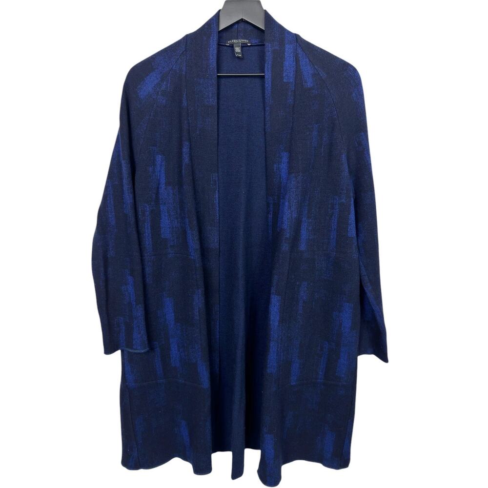 Eileen Fisher Navy Blue Black Wool Blend Cardigan‎ Sweater Duster Size PS